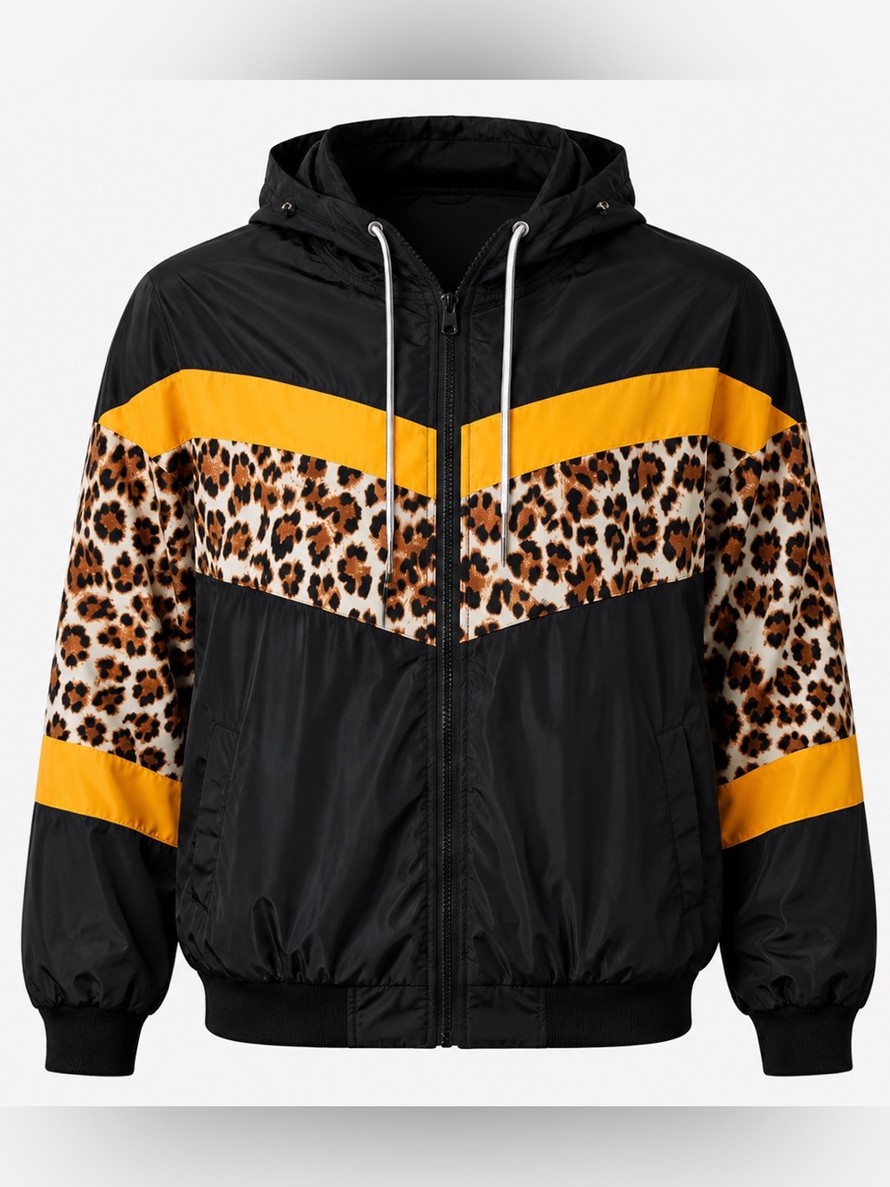 Black & Leopard Print Windbreaker Hooded Track Jacket With Pockets Size L - Picture 1 of 11